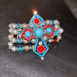 Turquoise and Red Beaded Cross Bracelet